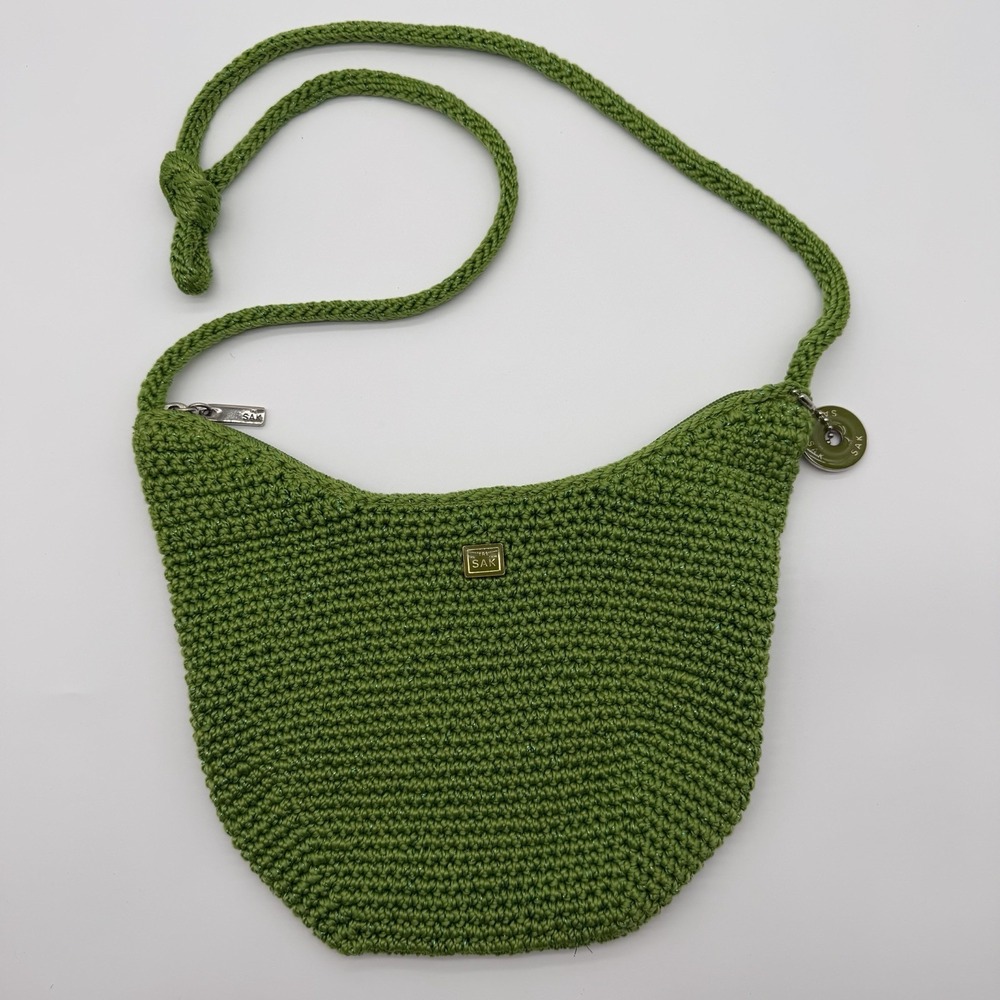 Vintage The Sak Green Crochet Shoulder Purse Boho Festival Y2K Metallic Thread
